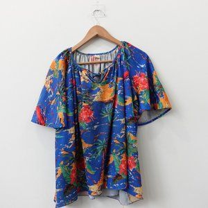 Womens Top Size XL Floral Corduroy‎ Blouse Tropical Blue Hawaiian Casual Boho